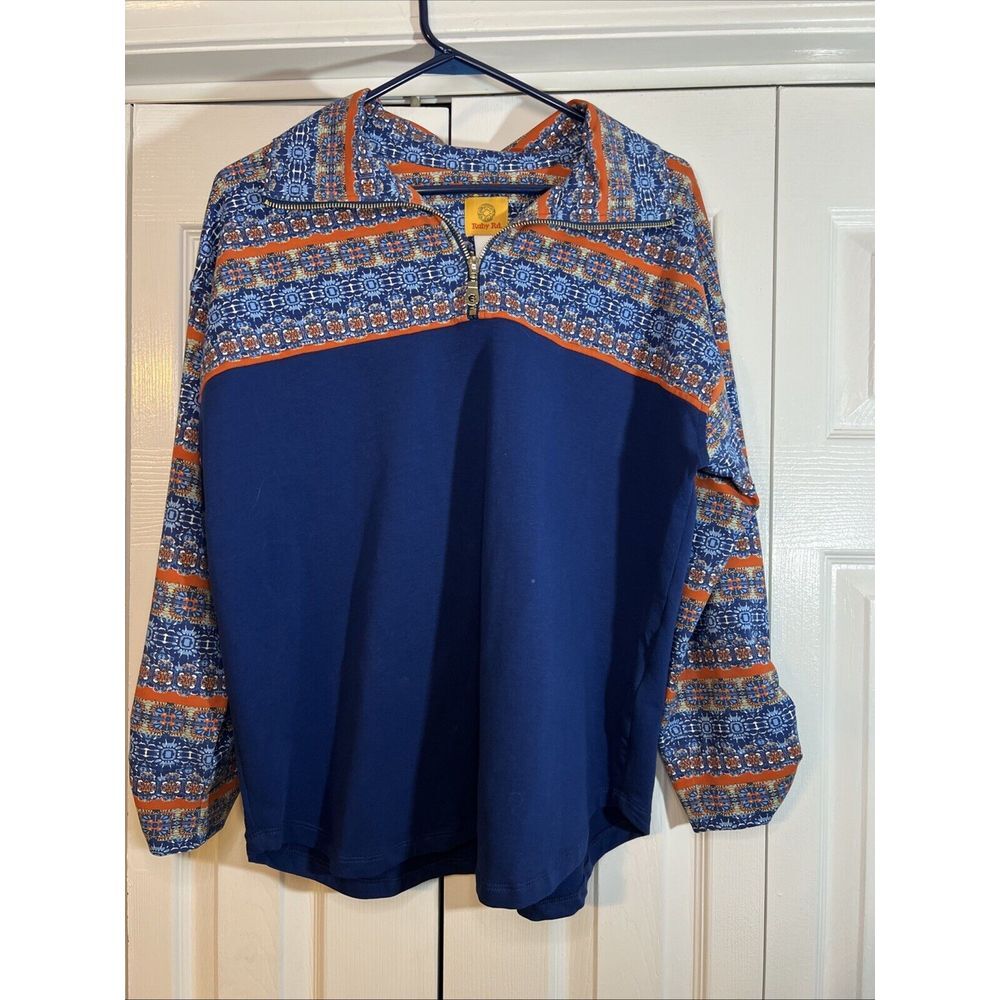 Ruby Rd. Women's Small Blue Multicolor 1/4 Zip‎ Pullover Aztec Boho Colorful